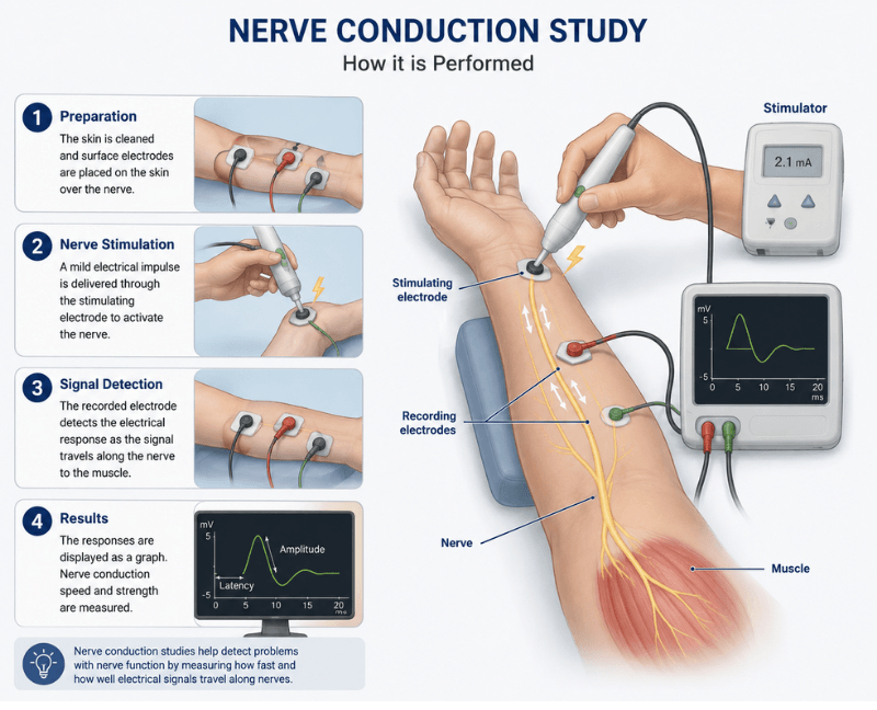 Diagram showing how nerve conduction studies are performed.